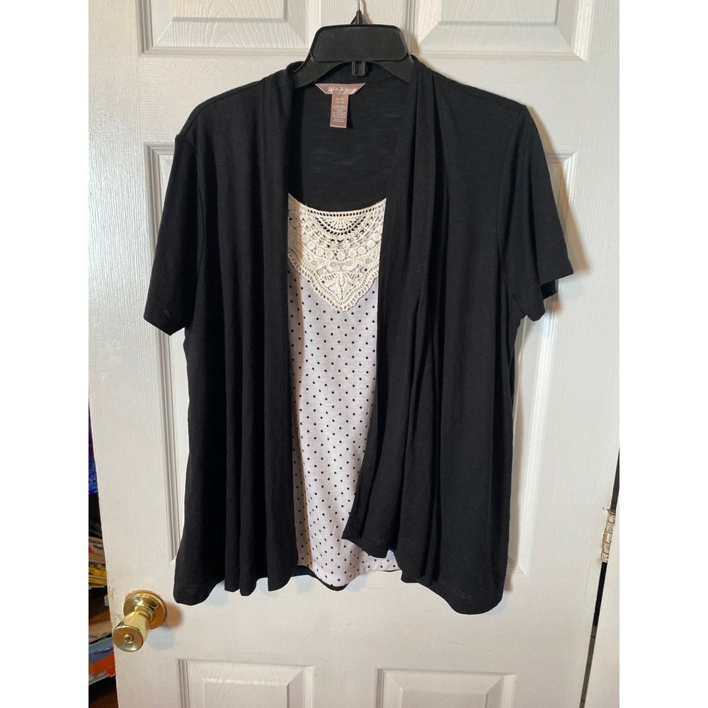 White Stag Womens XL 16-18 2-in-1 Cardigan Top PolkaDot Lace Black White Layered